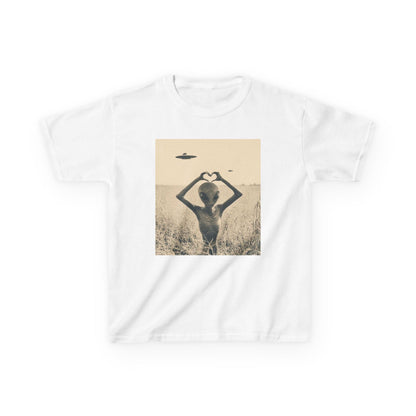 Heart Alien Kids Tee, Fun Kids T-Shirt, Retro UFO Shirt, Cute Alien Graphic Tee, Unique Gift for Kids