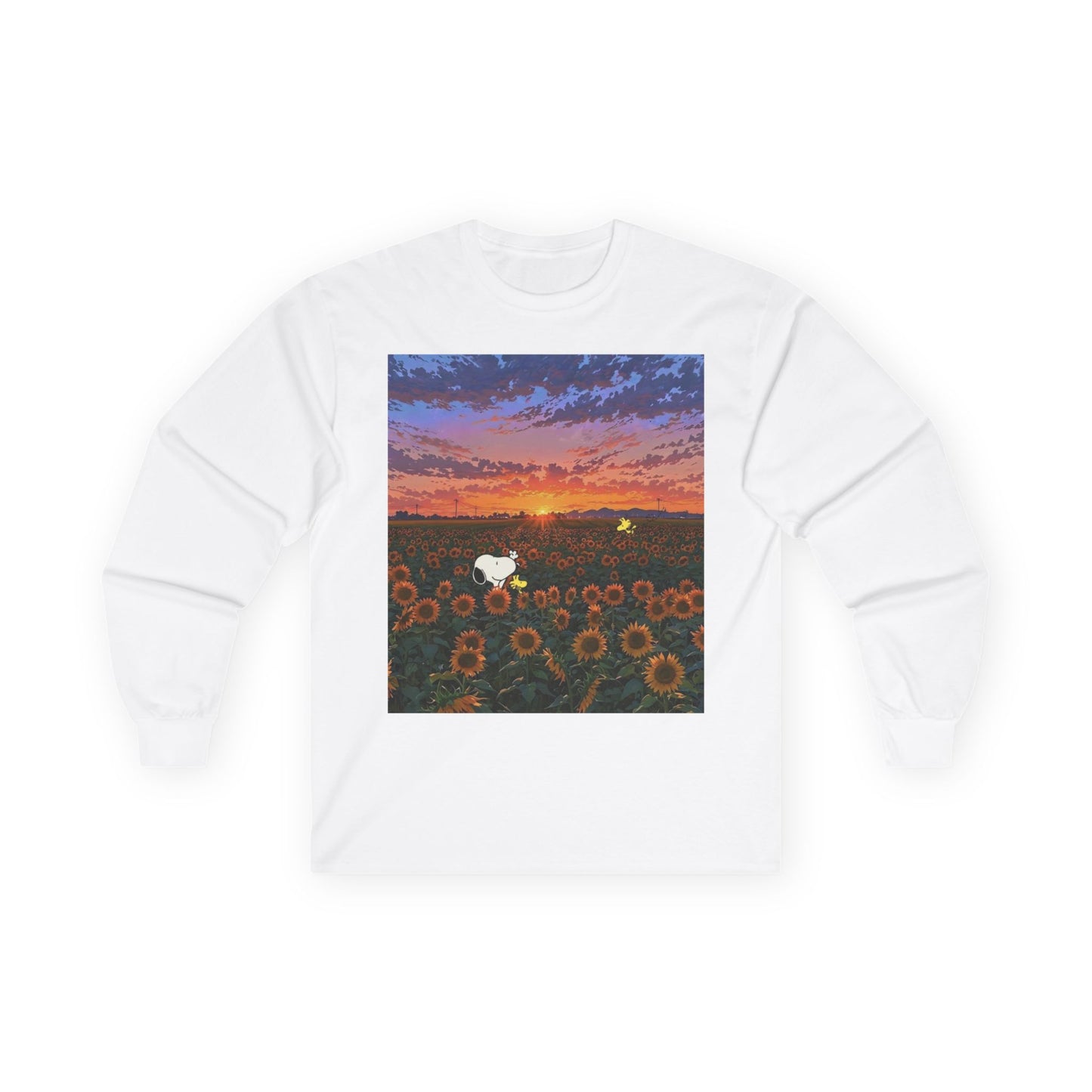 Sunset & Sunflowers Long Sleeve Tee, Floral Tee, Casual Wear, Gift for Nature Lovers, Eco-friendly Apparel